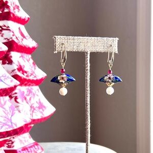Handmade Asian Themed Cloisonné Fan Earrings Drop Style With Pearls